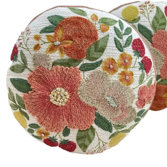 Artistic Accent 100% Cotton Embroidered Flower Summer Decor Boho Pillow Set Of 2 - Picture 3 of 8